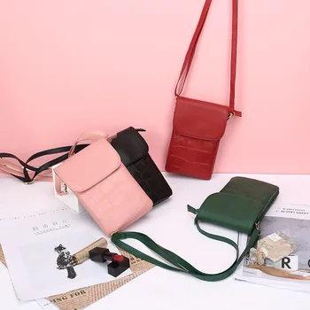 

New Genuine Leather Flap long Purse mobile phone Crossbody bag wallet stone pattern cowhide ladies shoulder messenger bag
