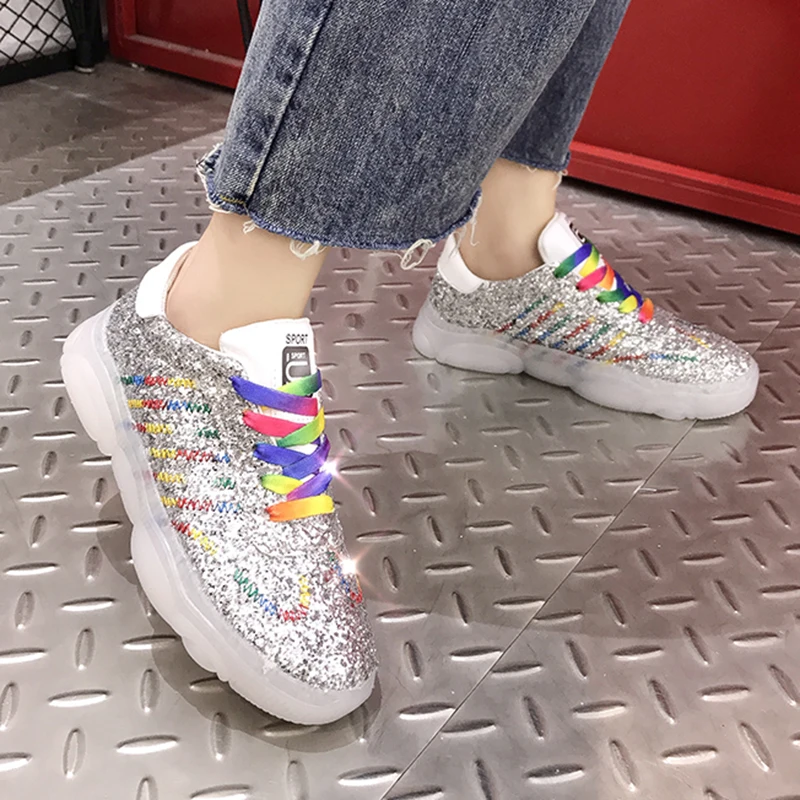 

Shoes Woman Fashion Glitter Transparent Bottom Bling Upper Reflections Jelly Shoes Multi Color White Spring Sneakers Flats