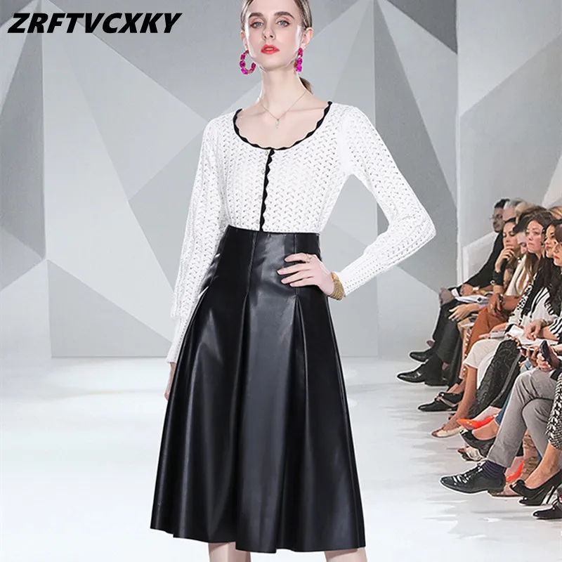 

Runway Skirt Suit Spring Women White Long Sleeve Knitted Sweater + High Waist Fold Skin Long Skirt Lady High-End 2 Piece Set