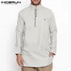 Low Price Muslim Shirt Indian-Tops Collar Cotton-Stand Long-Sleeve INCERUN Vintage Men Button Solid EN1mjq9BM