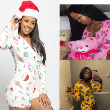 

NEW 2020 Sexy Women Pajamas Bodysuit Long Sleeve Deep V Neck Bodycon Stretch Leotard Top Button Short Playsuit Sleepwear