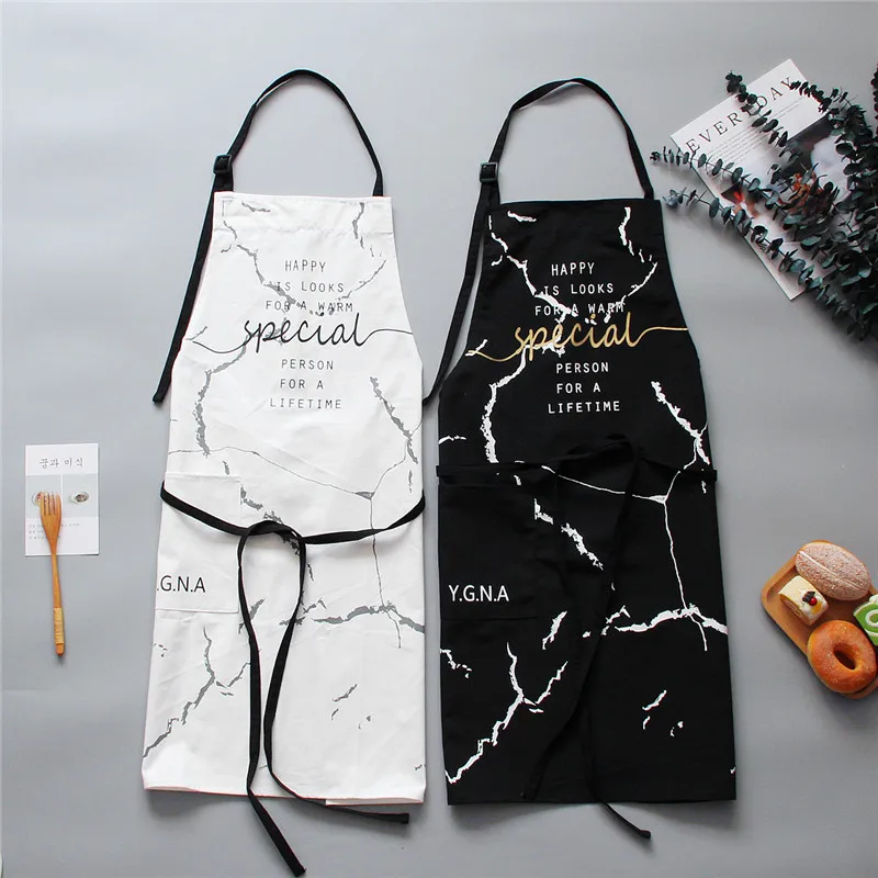 

INS Nordic Black White Marble Kitchen Aprons For Men Women Cotton Apron Chef Overalls Bib Pinafore Cooking Baking Accessories
