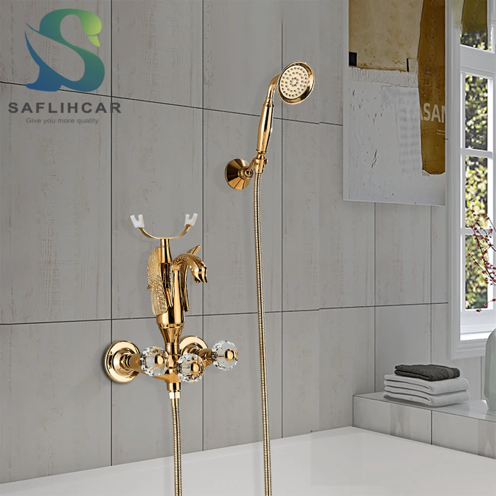 Luxury Gold Swan อ่างอาบน้ำก๊อกน้ำมือจับคริสตัล Bath ชุดมือร้อนเย็น Tap สำหรับห้องน้ำติดผนัง 1