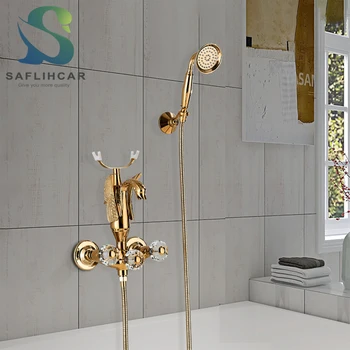Luxury Gold Swan อ่างอาบน้ำก๊อกน้ำมือจับคริสตัล Bath ชุดมือร้อนเย็น Tap สำหรับห้องน้ำติดผนัง 1