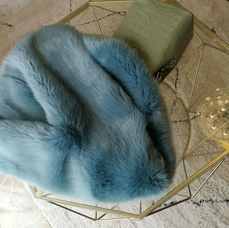 Зима V образным вырезом с длинным ворсом искусственное лиса голубой меховое пальто с длинным рукавом из пушистого искусственного меха Для женщин куртка короткая верхняя одежда