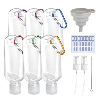 

6Pcs 50ml Travel Refillable Empty Bottles with Keychain Nozzles Funnel Brush Labels Set Squeeze Hand Sanitizer Container