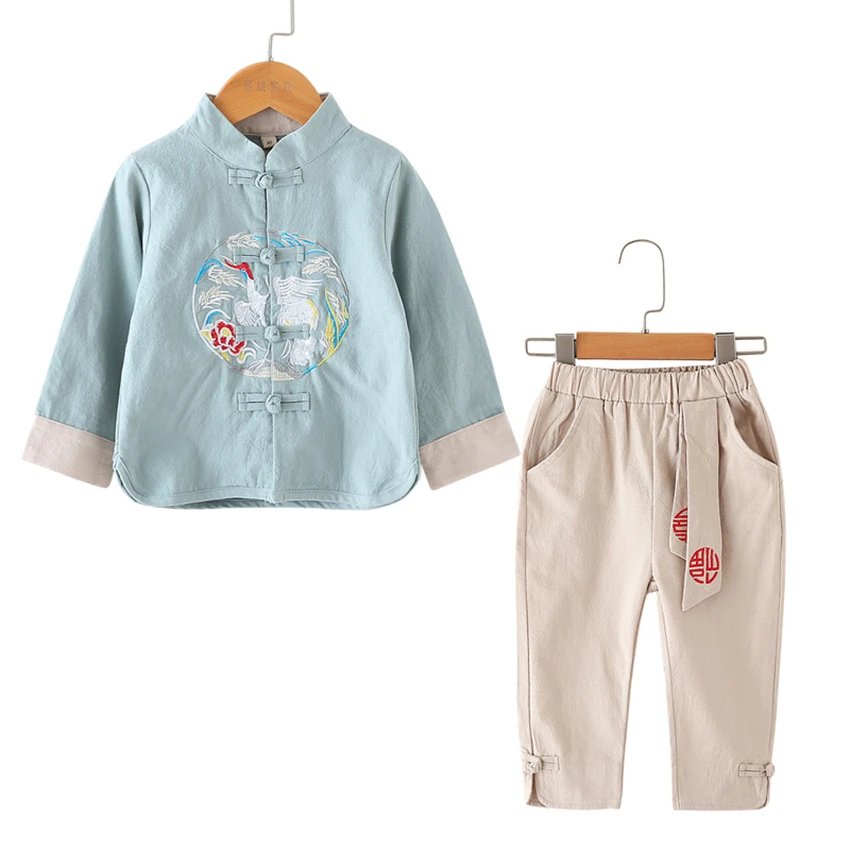 10Color New Kids Chinese Tang Suit Traditional Chinese Shirt Clothing for Baby Boys Flax Coat Kung Fu Outfit Top Pant Set