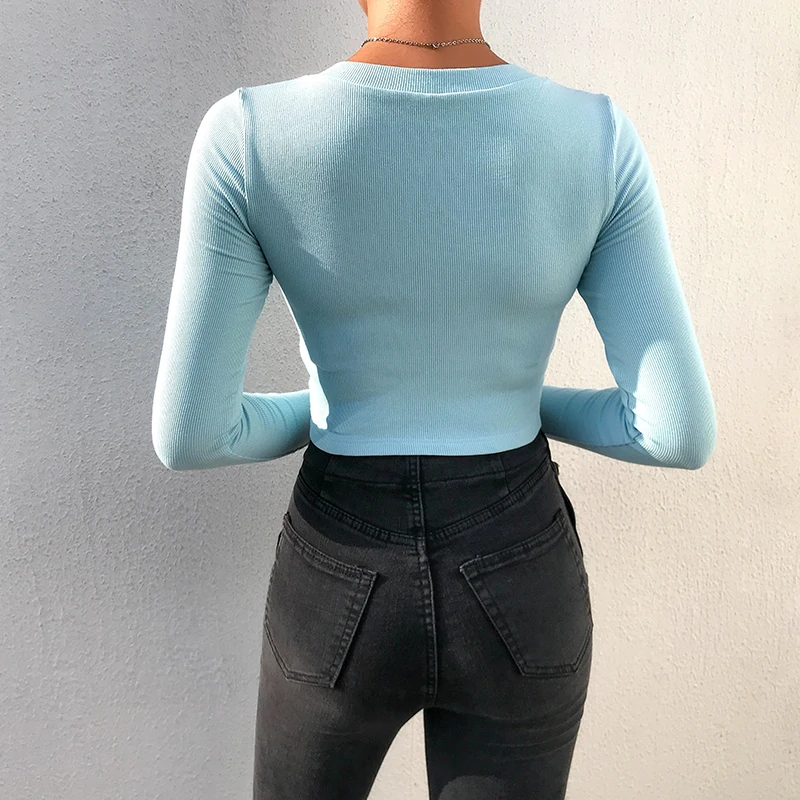 Rockmore Bodycon V шеи Женская футболка с длинным рукавом Femme Осень Корея Harajuku элегантные офисные Топы Футболки с пуговицами верхняя одежда