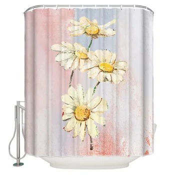 

Abstract White Daisy Oil Painting Style Extra Long Fabric Bath Shower Curtains Mildew-resistant Bathroom Decor with Hooks