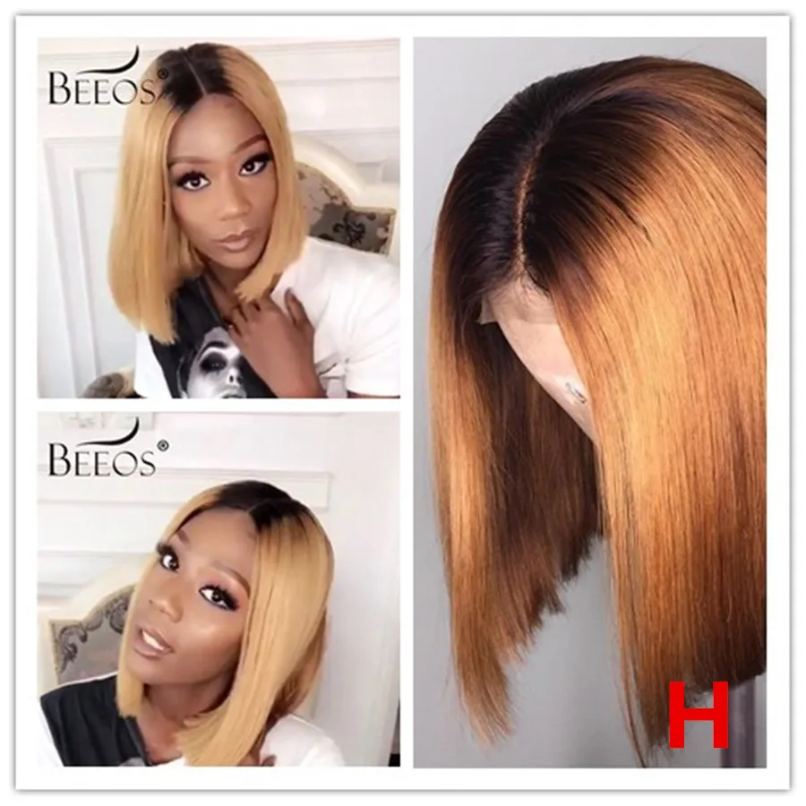 

Beeos 180% 13*6 Deep Part Lace Front Human Hair Wig 1B27 Ombre blonde Straight Bob Brazilian Remy Hair Bleached Knots
