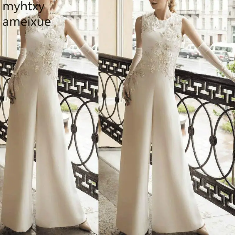 

2019 Hot New Robe De Soiree Plus Size Custom Jumpsuits For Weddings Lace Applique Beaded Pants Women White Evening Event Dress