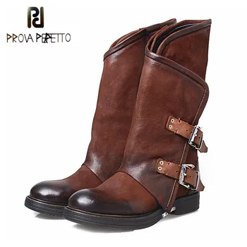 

Prova Perfetto Autumn Winter New Genuine Leather Low Heel Women Mid-calf Boots Round Toe Thick Bottom Comfortable Martin Boots