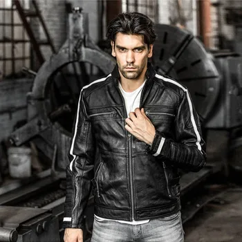 

New Arrival Fashion Sheepskin Genuine Leather Motorcycle Mens Jacket Stand Collar Zipper Coat For Male Chaqueta De Cuero Hombre