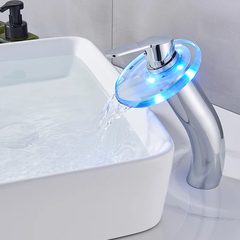 Modern Brass LED Light Glass Spout Bathroom Sink Faucet Waterfall Mixer Taps