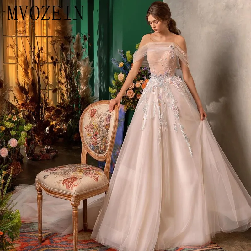 

abendkleider 2020 Champagne Evening Dress Tulle A-Line Off The Shoulder Lace Appliques Evening Dresses Long Formal Gowns Vestido