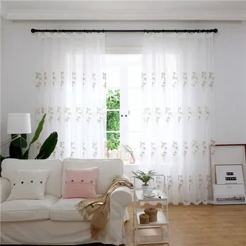 

Bamboo Embroidered Sheer Curtain for Living Room Delicate Organza Pastoral Window Treatment Tende JS116C