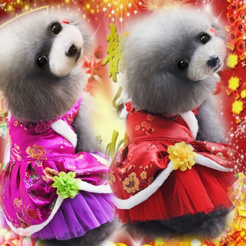 

Pet Silk Princess Dress Chinese Style Dog Cat Clothes New Year Tang Suit Tutu Skirt Dog Girl Autumn Winter Warm Clothing