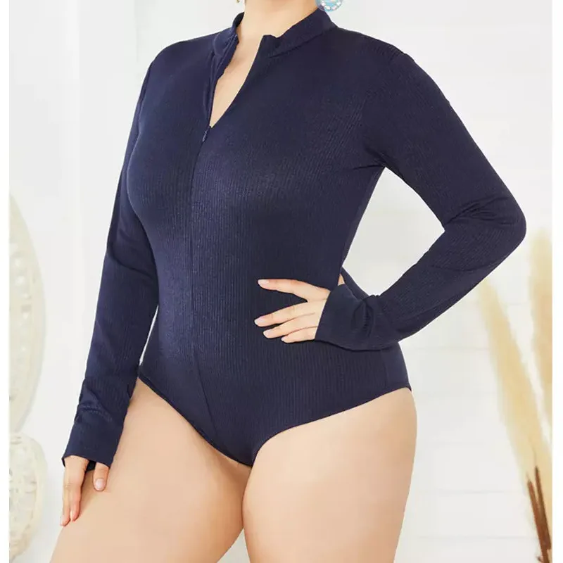 hirigin Womens V Neck Ribbed Long Sleeve Zipper Solid Color Basic Classic Bodysuit Stretch Leotard Tops Jumpsuit Plus Size - Цвет: 4