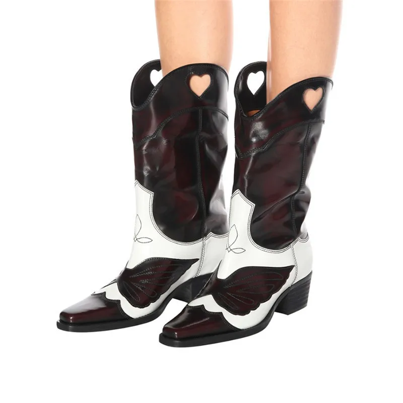 

Stylesowner Design Genuine Leather Knee High Boots Women Embroidery Butterfly Motorcycle Boots Pointed Toe Cool Ankle Boots