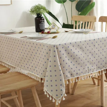 

Blue Daisy Fringed Dining Table Cotton And Linen Printing Dining Tablecloth Home Table Cover Cloth Modern Style Tablecloth