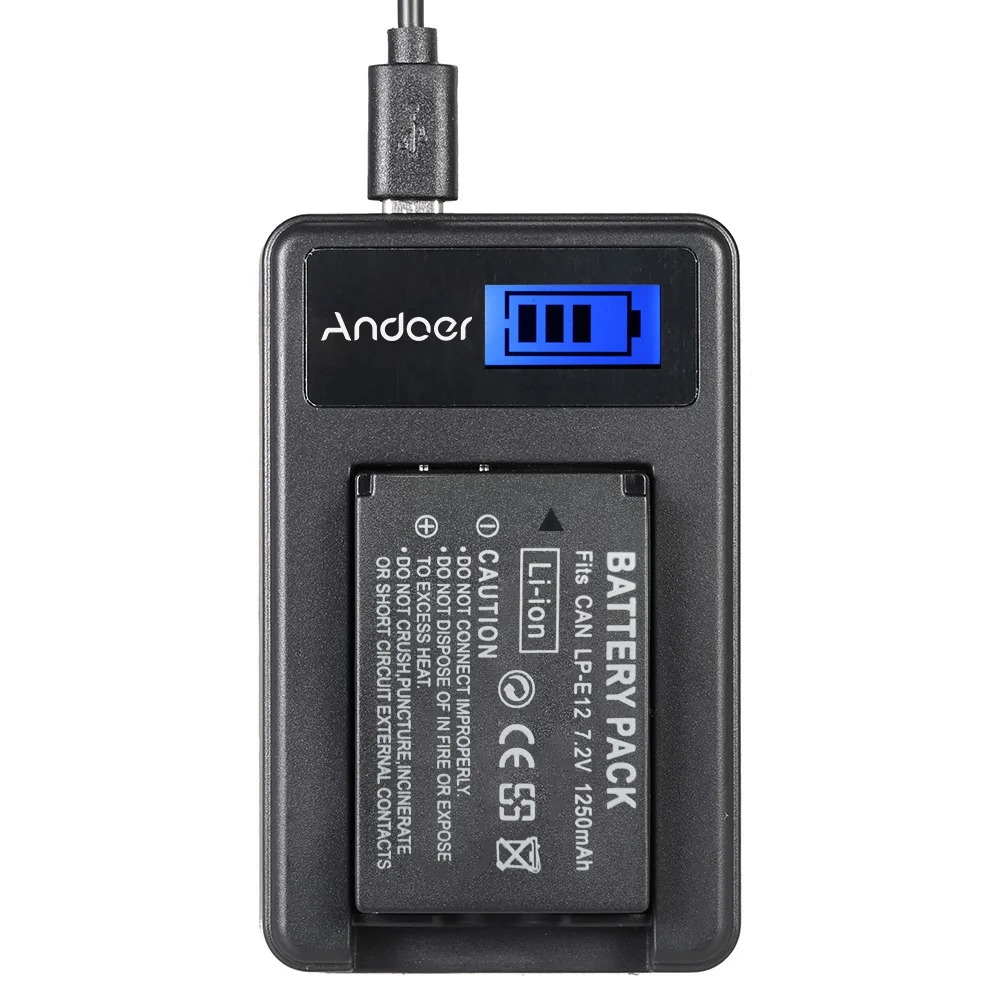 Andoer LP-E12 2 шт 7,4 V 1200mAh литий-ионная аккумуляторная батарея с ЖК-зарядным устройством USB для Canon