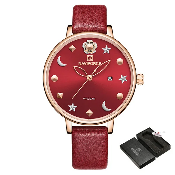 NAVIFORCE женские часы водонепроницаемые Топ брендовые Роскошные модные Moon Star дизайнерский кожаный браслет женские наручные часы женские подарки - Цвет: Red  With Box