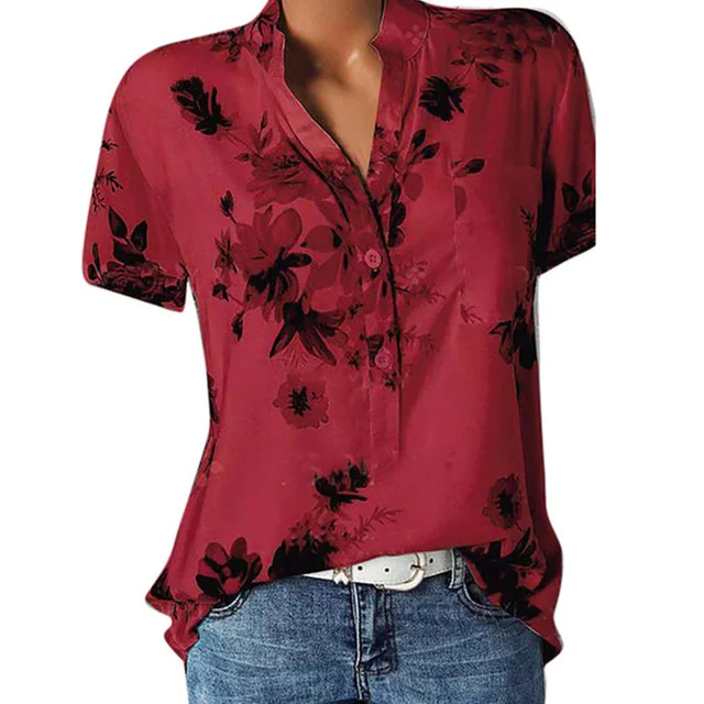 Temperament new women's shirt printing large size casual shirt loose V-neck short-sleeved shirt blouse Red