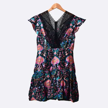 

Women Lace V-neck Ruffle Sleeve Mini Dress Printed Slim Patchwork Elegant Short Dress