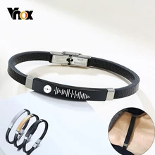 Vnox Anpassen Gravieren männer Slim Armband Schwarz Leder Armreif Personalisierte Audio Code Name Casual Männlichen Schmuck Geschenk