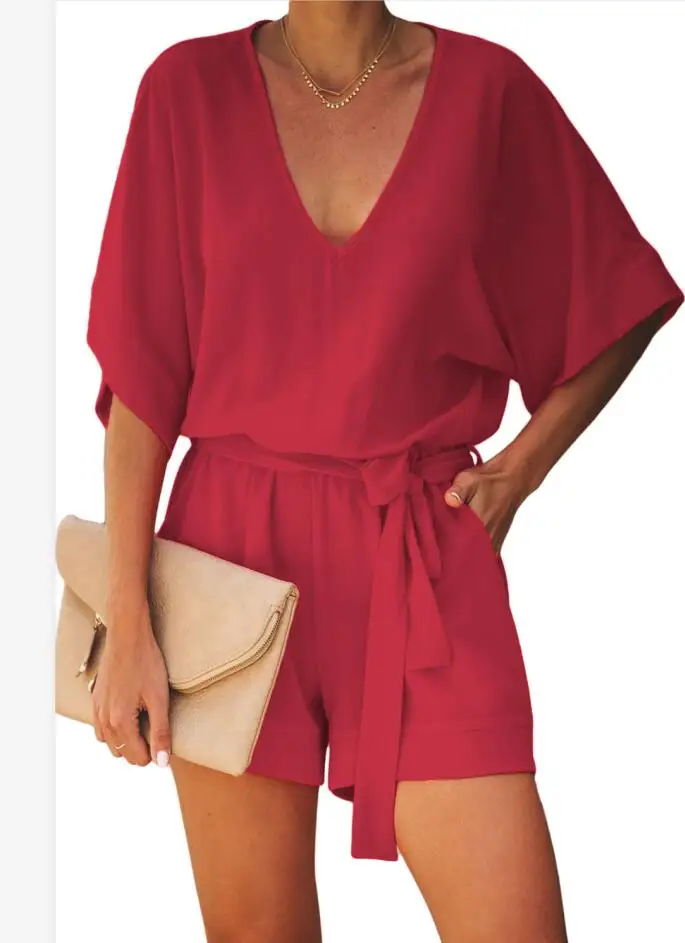 Красный Summer Scene Pocketed Tie Romper Solid Color Casual V Neck Half Sleeve Short Jumpsuit for Women Plus Size with Belt - Цвет: Красный