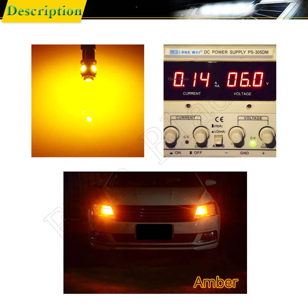 2X Car LED Bulb White Amber Yellow Auto Interior Dome Map Reading Instrument Light BA9S T4W BAX9S H6W BAY9S H21W Lamp 6V 12V 24