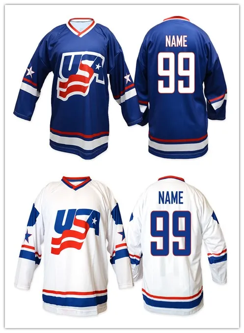 Винтажная команда США Белый Синий Ретро Возврат хоккейная Джерси Вышивка прошитая настроить любой номер и имя