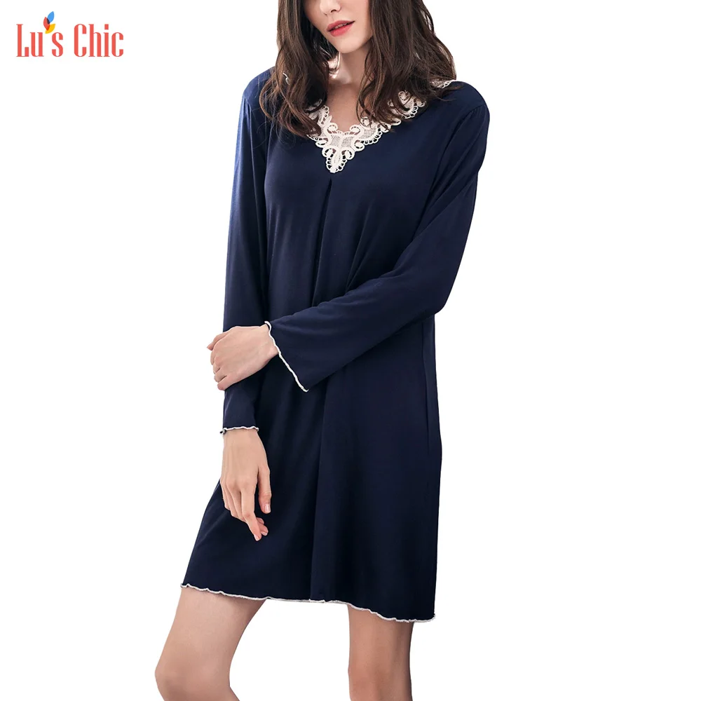 Lu's шикарная женская ночная сорочка из обработанной вискозы с длинным рукавом и v-образным вырезом кружевное мягкое платье для сна свободная повседневная одежда для отдыха - Цвет: Navy