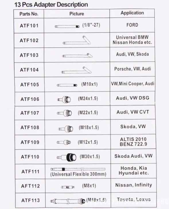 13 шт. набор адаптеров для заполнения масла ATF система заправки диспенсер Автоматическая передача жидкого масла наполнитель адаптеры для VW AUDI BENZ PORSCH