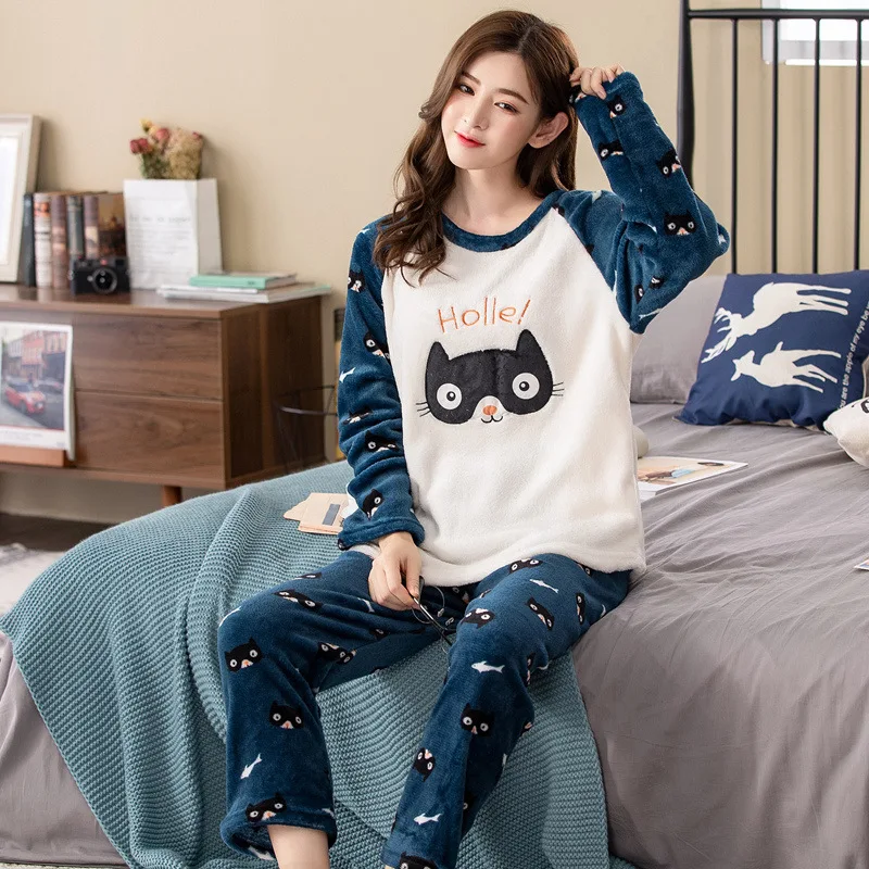 Фланелевые пижамные комплекты для мужчин и женщин, зимняя теплая домашняя одежда для пар, комплект из 2 предметов, длинный женский комплект одежды для сна из двух предметов