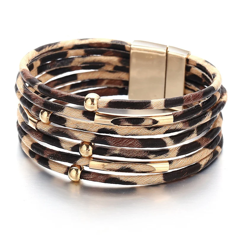 Pulseras de cuero de leopardo para mujer, brazaletes elegantes de envoltura ancha multicapa, joyería con estilo, novedad de 2019