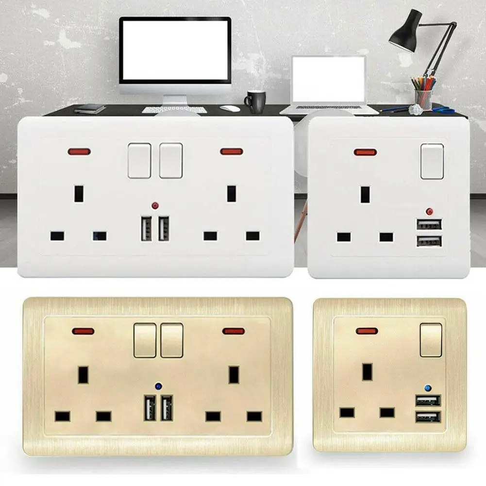 

1Pc Wall Socket 13A 250V Square Three-hole Socket Dual Double British USB Port Socket Standard Wall Plug Charger C0V2