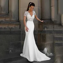 

Lace Vestido De Noiva Elegant Wedding Dresses Mermaid V-Neck Short Sleeves Satin Boho Wedding Gown Bridal Dresses