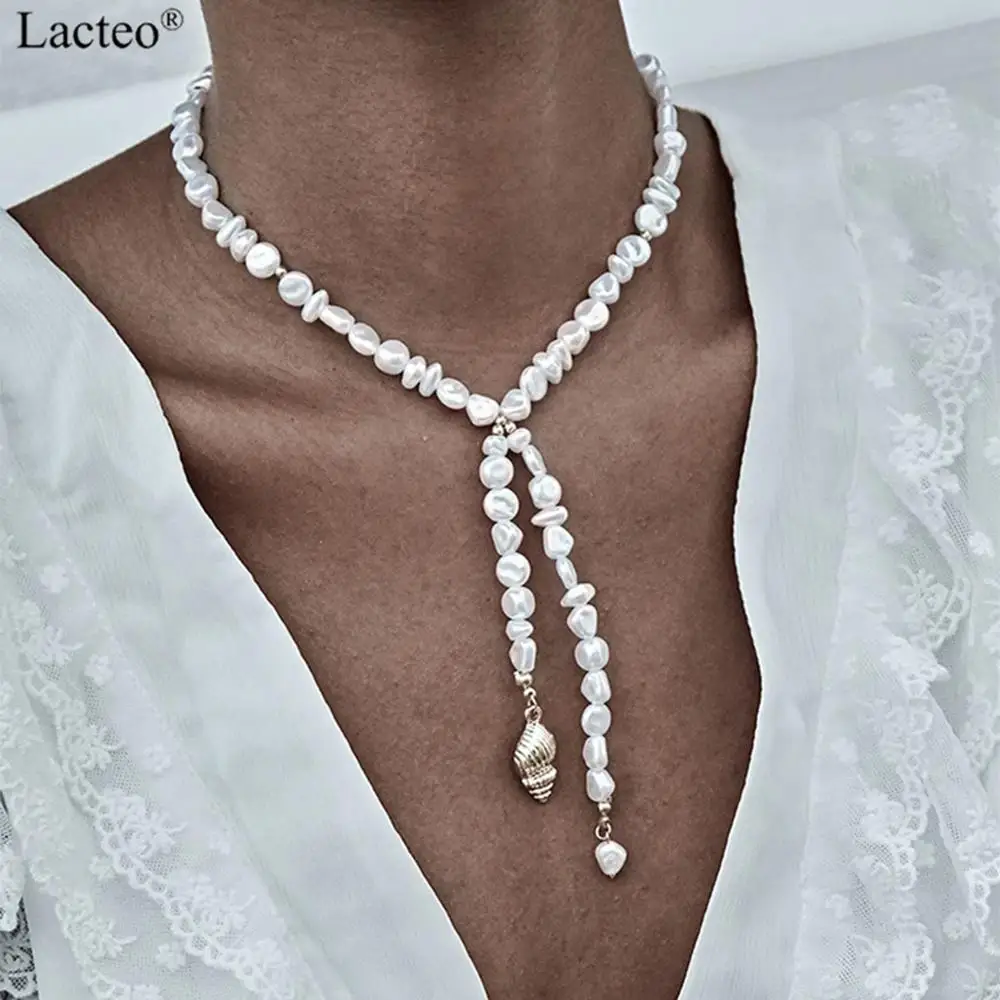 

Lacteo Bohemian Imitation Pearl Chain Collar Choker Necklace for Women Statement Conch Pendant Long Chain Necklace Beach Jewelry