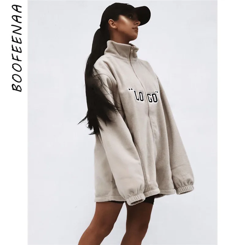 price reduction  BOOFEENAA Logo Letter Zip Fleece Outwear Women Fashion Jacket Coats Streetwear Oversize Windbreaker