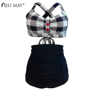 

JLI MAY Sexy Plaid Bandage Swimwear High Waist Wire Free Push Up Button Bikini Bathing Suit Two Piece Hot Spring Beach Swimsuit