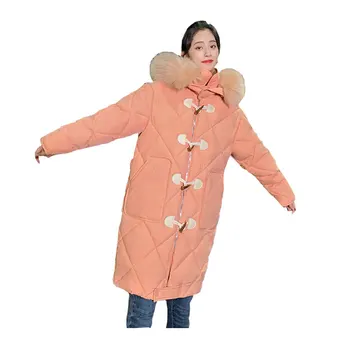 

Women Long Horn Button Winter Jacket Hooded Windproof Down Jacket Oversize Cotton padded Parkas Outwear Coat