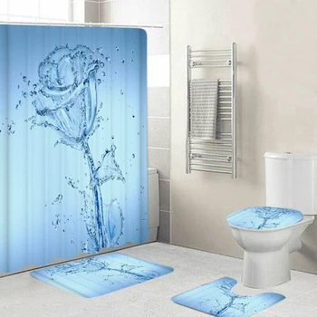 

3/4PCS Blue Rose Non Slip Toilet Cover Rugs Mat Bath Bathroom Shower Curtain Set Shower & Bathtub Accessories Shower Curtains