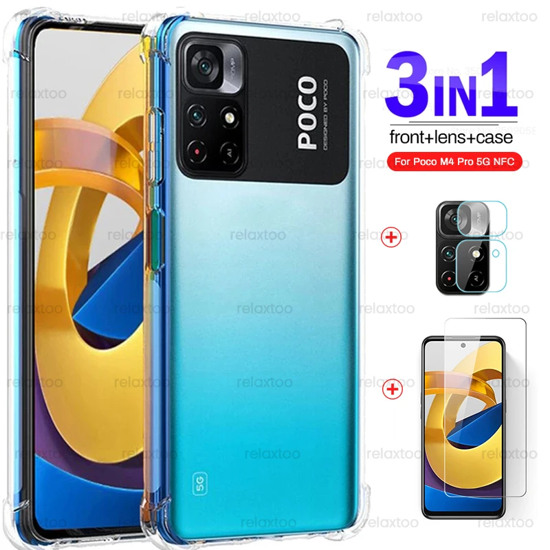 fundas for xiaomi poco m4 pro 4g case tempered glass on poko pocco little m 4 pro m4pro 5g nfc camera lens protectors cover film