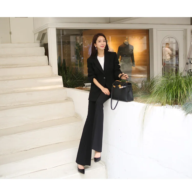 Business Uniform Women Flares Pant Suits 2 Piece Set slim Blazer Jacket Office lady business office wortrumpet female pants suit