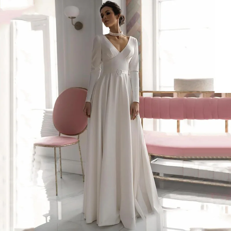 

Modest Long Sleeve Wedding Dresses Women V-Neck A-Line Open Back Satin Floor-Length Elegant Bridal Gown Belt Vestidos De Novia
