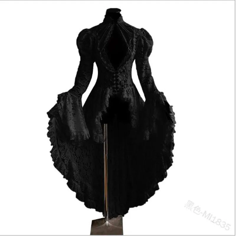 Женская кружевная бейка-ап, высокое низкое пальто, черный Стимпанк Викторианский стиль, стильная куртка в готическом стиле, средневековое благородное вечернее платье S-5XL - Цвет: Черный