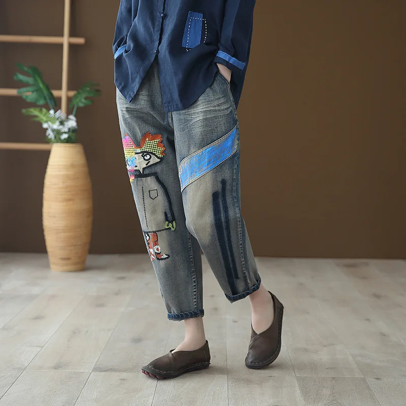 OMIKRON дизайн женские джинсовые шаровары осенние женские джинсы с эластичной талией свободные джинсы винтажные брюки с вышивкой