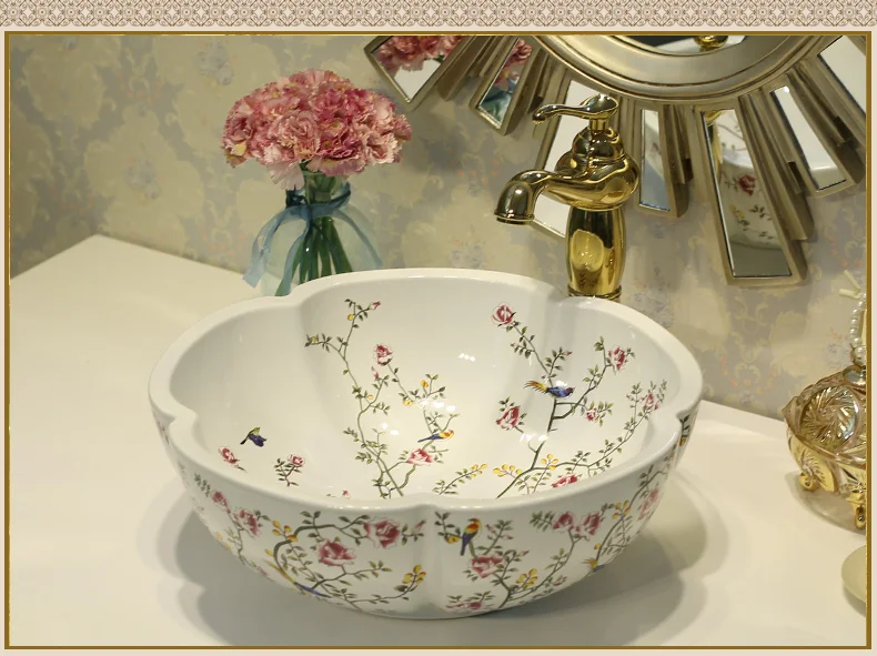 China Painting Peony and mandarin duck Ceramic Painting Art Lavabo Bathroom Vessel Sinks Round Countertop wash basin china (4)