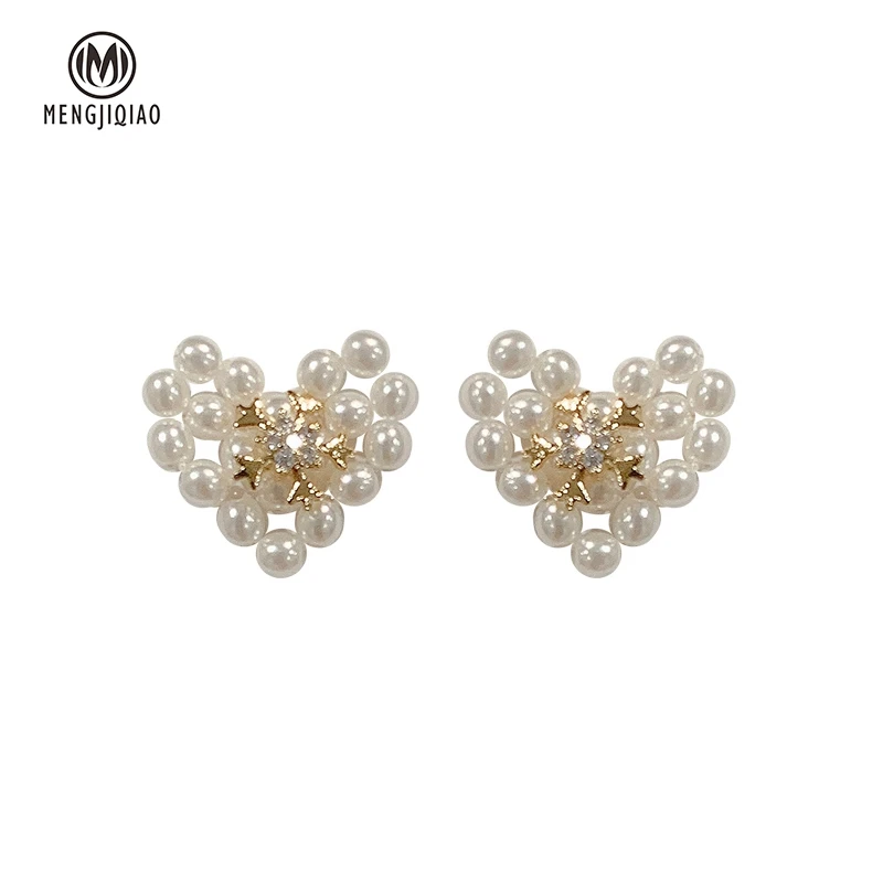 MENGJIQIAO Korean New Cute Elegant Pearl Heart Stud Earrings For Women Fashion Delicate Zircon Snowflake Pendientes Jewelry